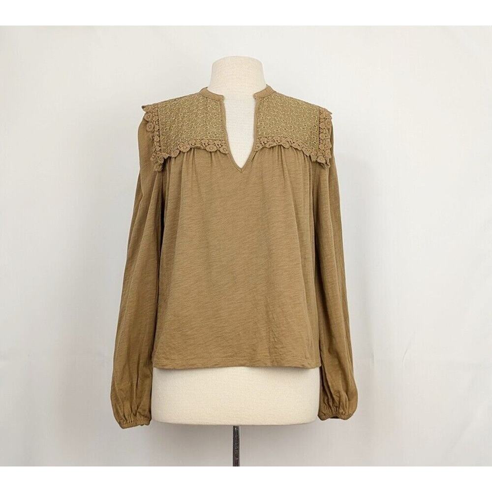 Boden Olive Green Lace-Yoke Long-Sleeve Blouse